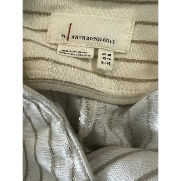 by Anthropologie Buttoned Wide Leg Pants Cream Stripe High Rise Ankle US Size 14 - Picture 8 of 13